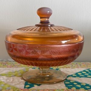 Vintage 70s Art Glass Covered Candy Dish Iridescent Grecian Gold Marigold